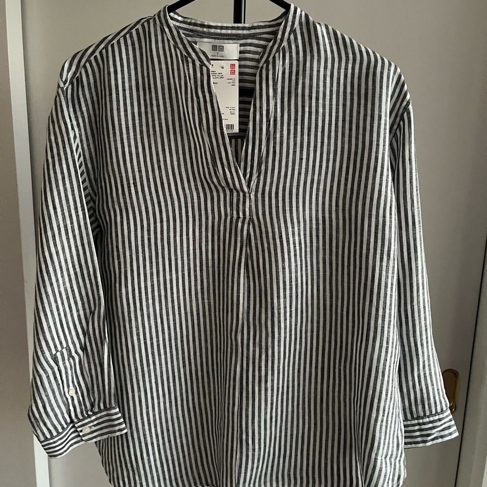 NWT Uniqlo 100% Premium linen shirt skipper top Blouse Tunic Black White stripes